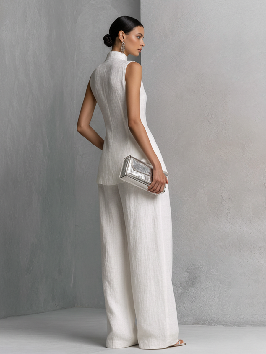 Tiphaine - Ensemble de Top sans Manches en Lin et Coton Blanc Élégant et Pantalons à Jambes Amples
