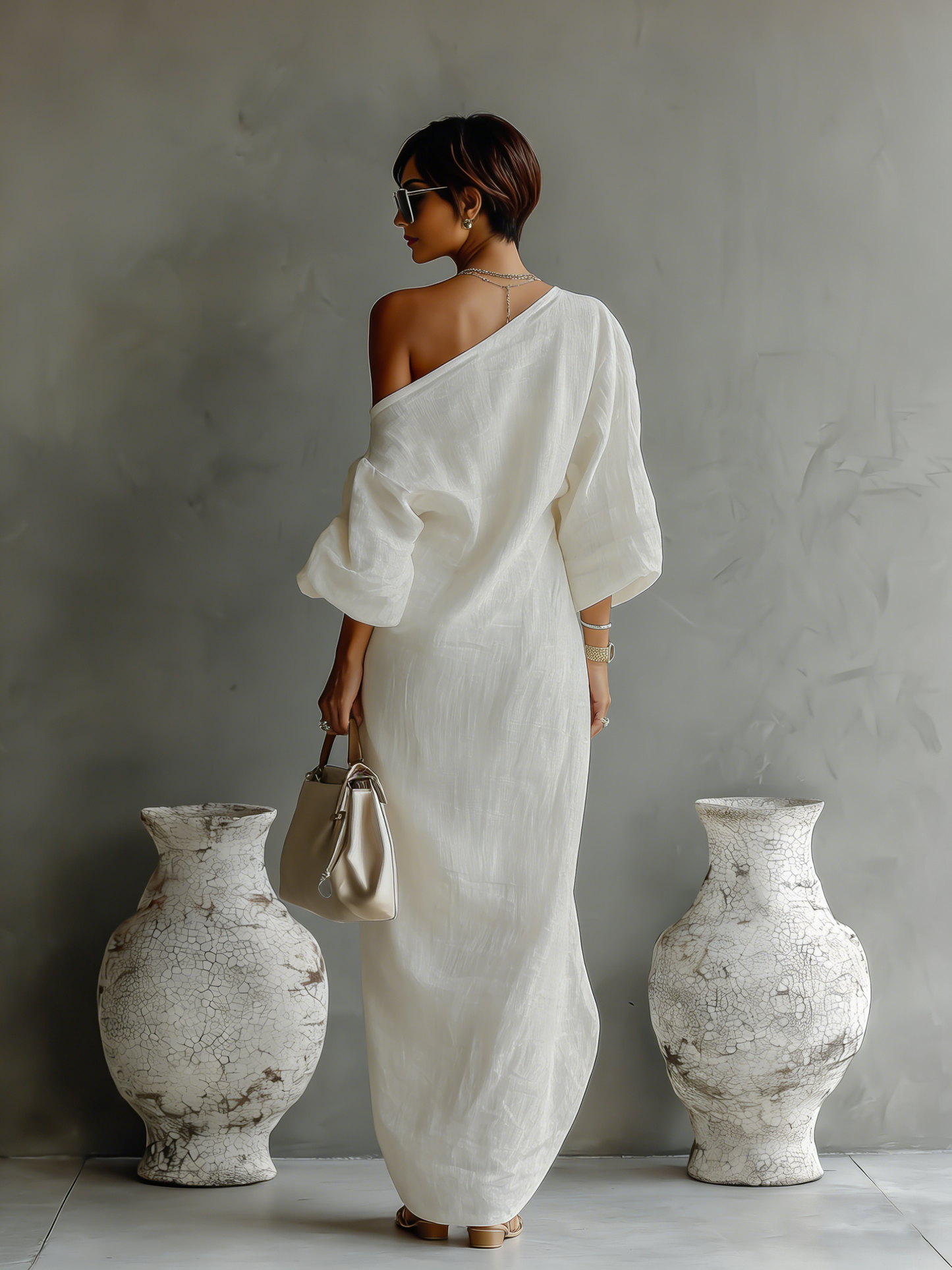 Robe Élégante Flottante en Blanc Ivoire avec Design Off-Shoulder