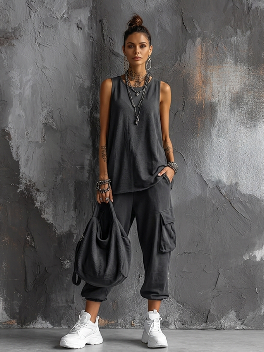 Émilie - Ensemble Haut Sans Manches en Mélange de Coton Gris Foncé + Pantalons Cargo Jogger Style Décontracté