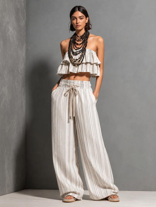 Lison - Ensemble Rayé en Coton-Lin pour Femmes : Haut Bandeau à Volants à Deux Niveaux et Pantalon Large à Cordon