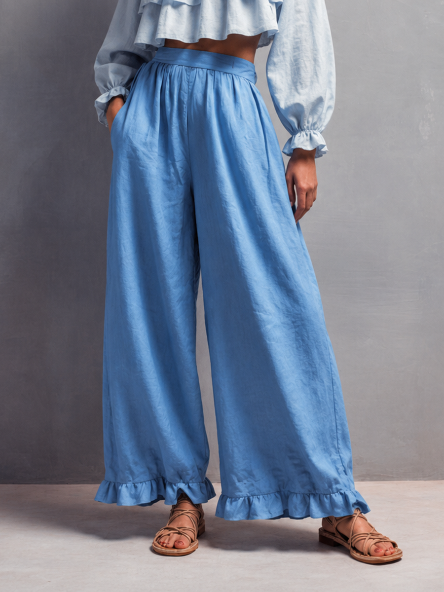 Églantine - Ensemble en Coton-Lin Bleu : Crop Top à Col Carré et Manches Bouffantes, Pantalons Amples Volants