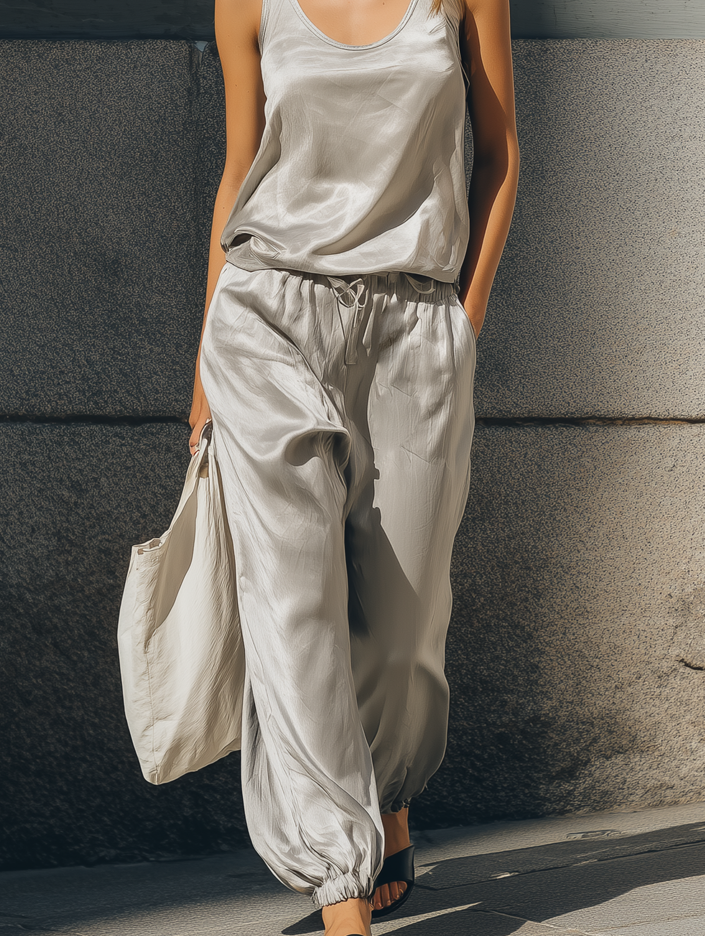Thaïs - Ensemble Top Sans Manches Col Rond en Satin Gris Décontracté et Pantalons Lanternes Assortis