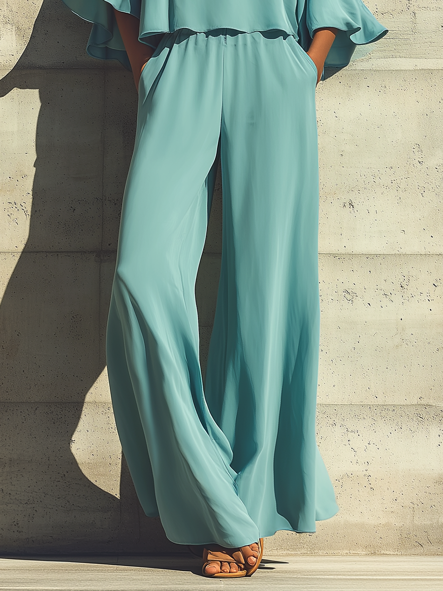 Roxane - Ensemble Top Superposé à Manches Évasées et Pantalon Large à Taille Élastique en Turquoise