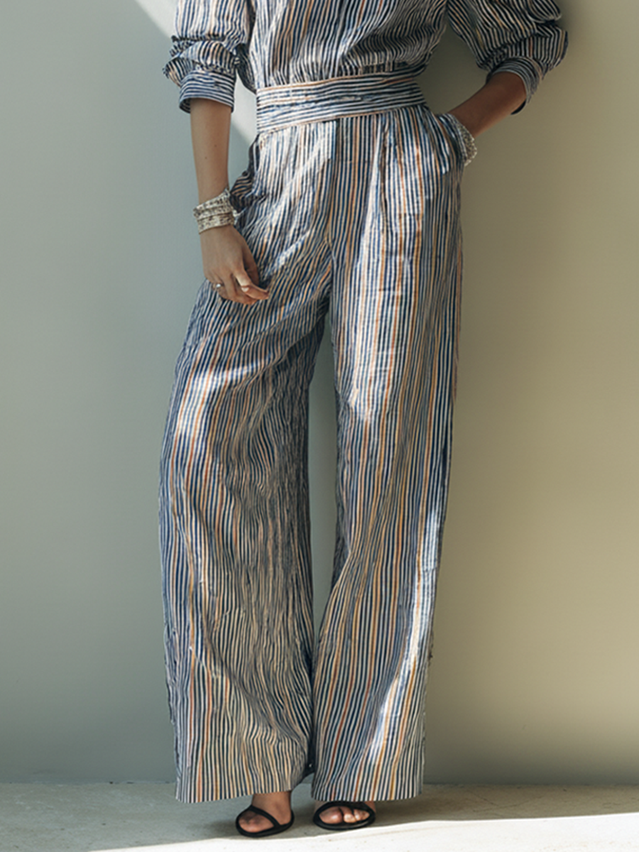 Maëlys - Ensemble Chemise en Lin Mélangé Rayée Multicolore et Pantalon Large