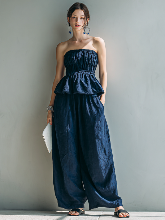 Lorène - Ensemble Top Volant Sans Bretelles en Lin Marine et Pantalon à Jambes Larges