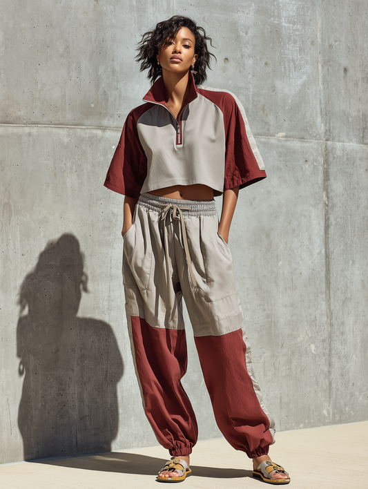 Eugénie - Ensemble Deux Pièces Top Court à Manches Courtes à Col Montant Gris Bordeaux avec Demi-Fermeture Éclair & Pantalons Jogging Élastiques à Cordon