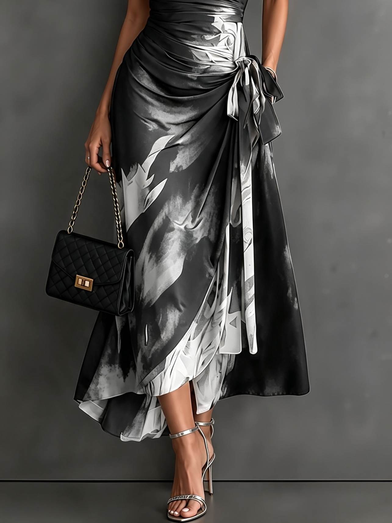 Marceline - Robe portefeuille mi-longue à imprimé abstrait rouge et noir, col chemisier, manches courtes, taille nouée et ourlet asymétrique à volants