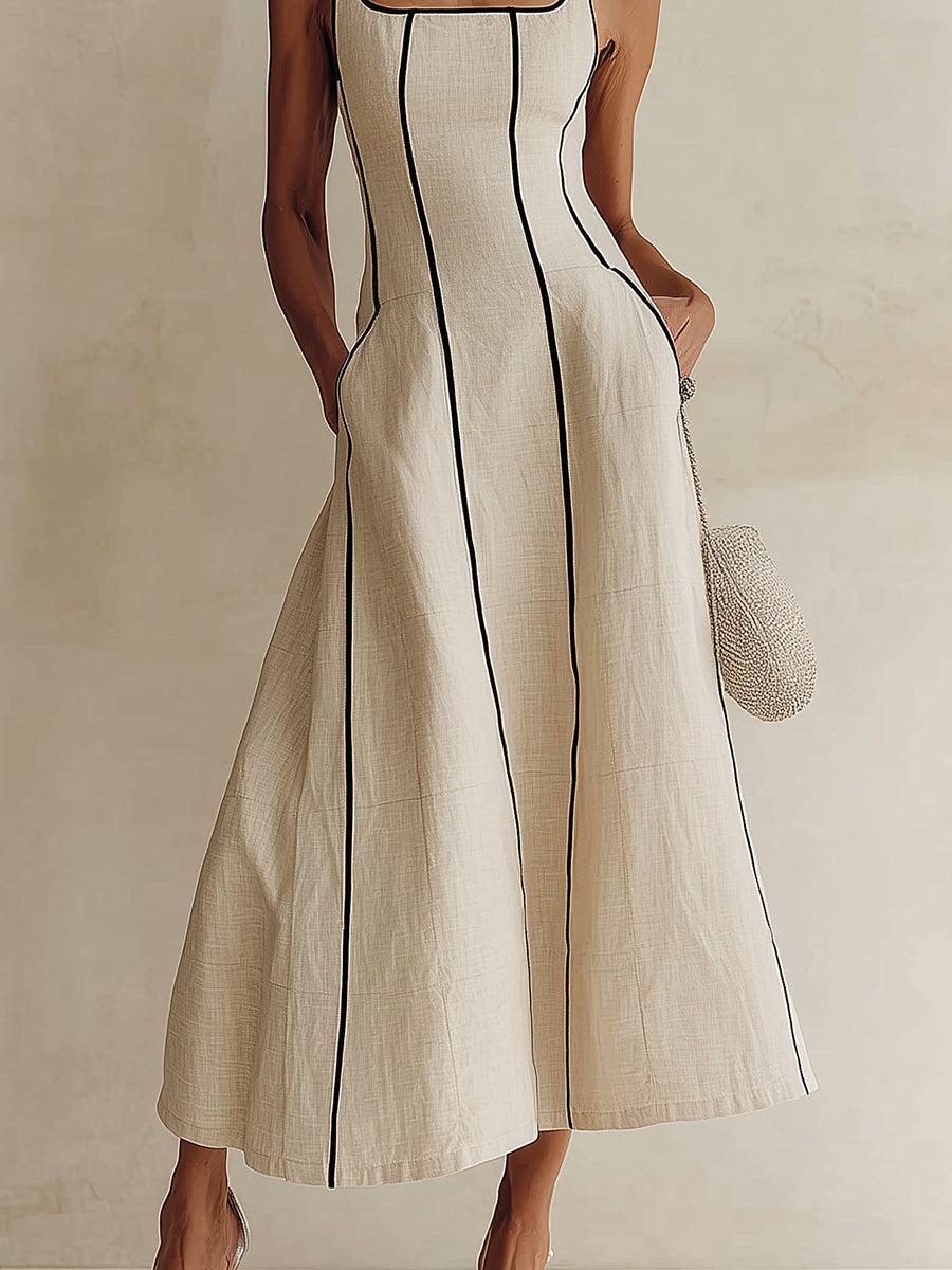 Sylvette | Robe Maxi A-Line à Rayures en Lin, Bord Noir