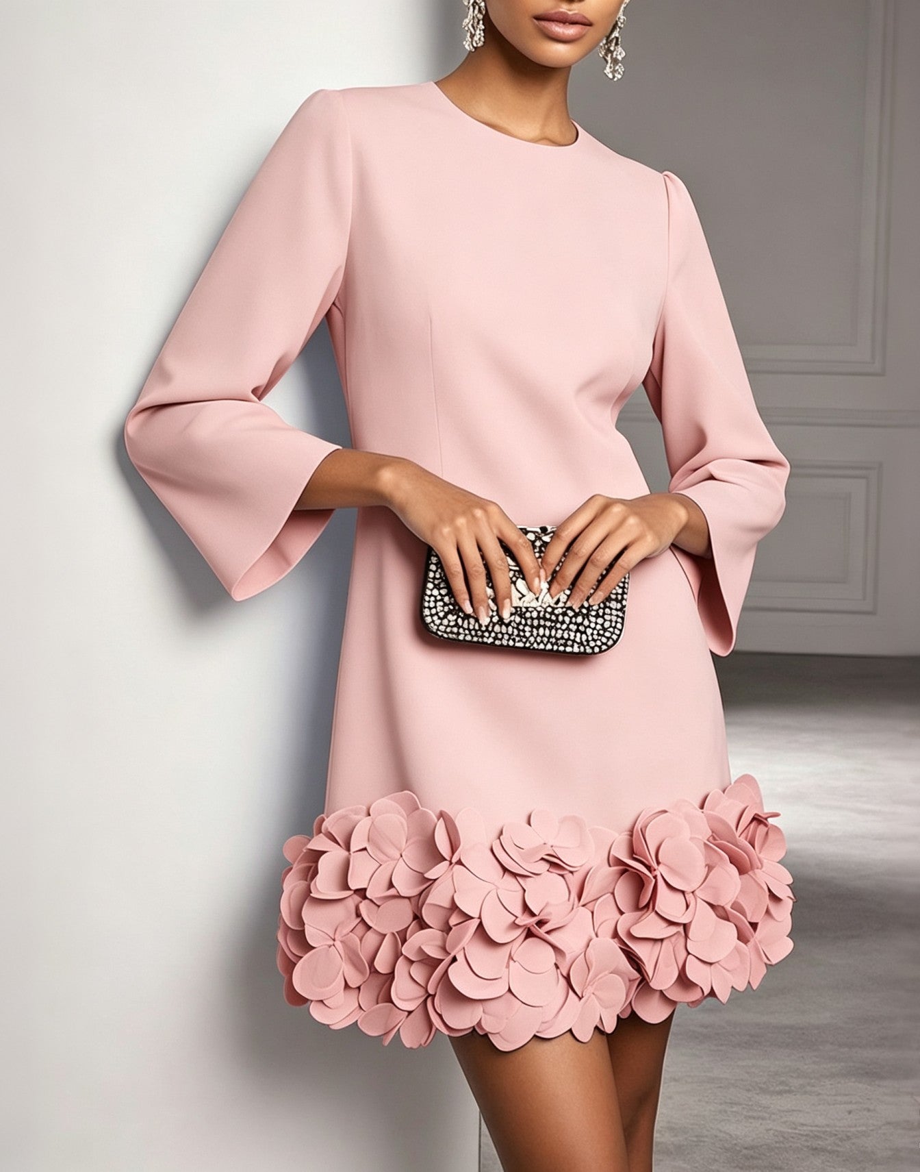 Ambroisine | Robe Mini Droite à Col Rond et Ourlet à Fleurs 3D