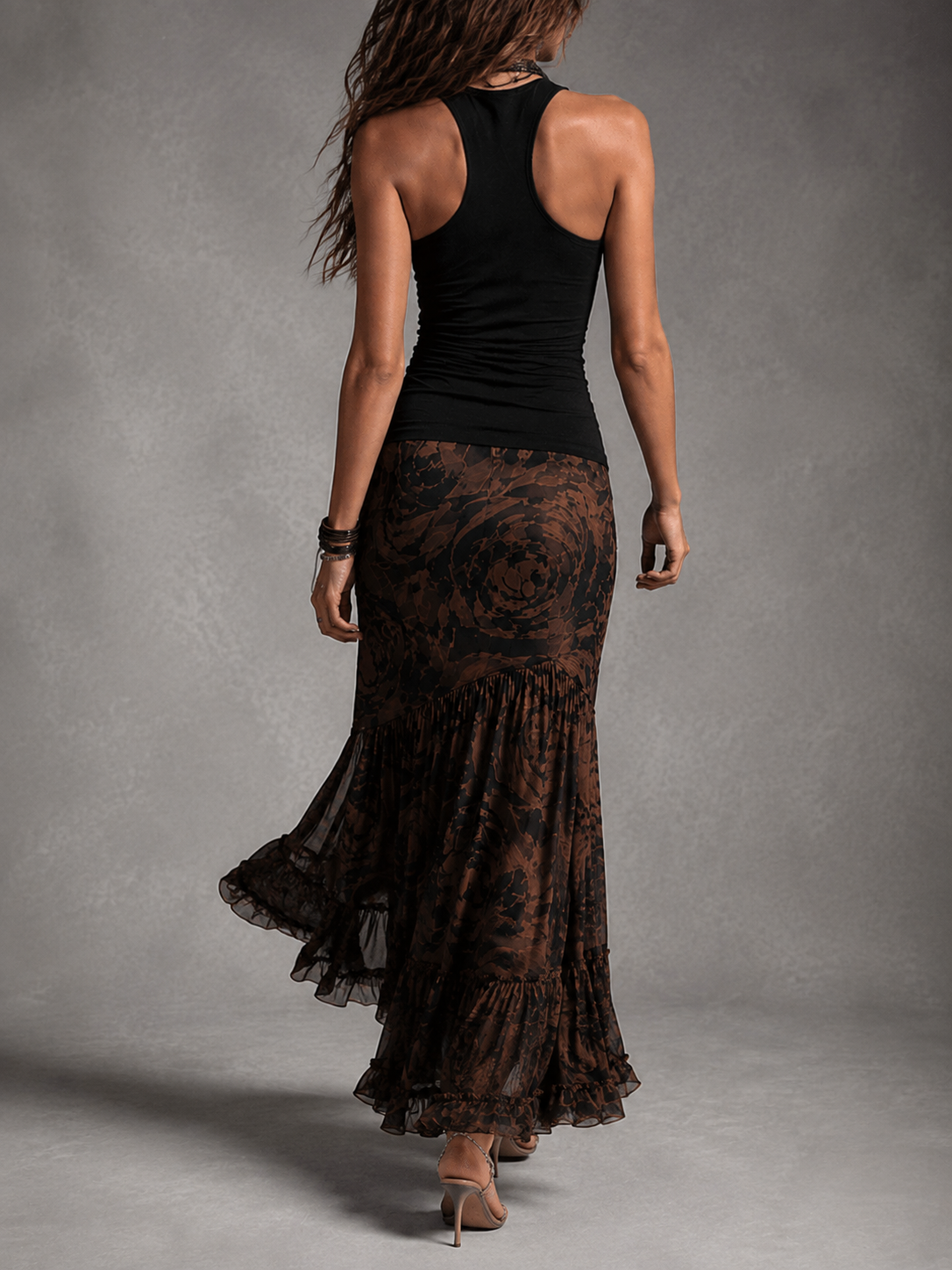 Albane | Ensemble Deux Pièces Top Halter Noir et Jupe Maxi en Mesh Rose