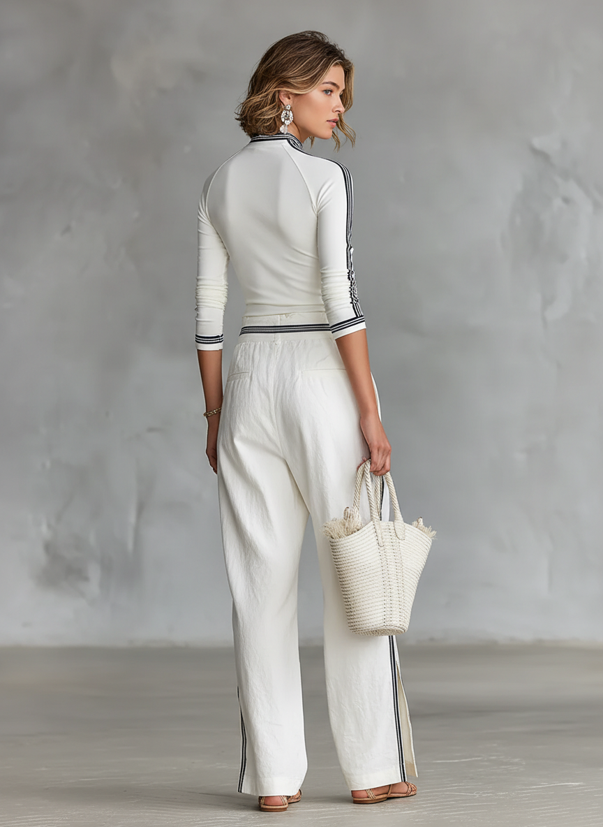 Ensemble Deux Pièces pour Femmes : T-Shirt de Sport à Manches Longues Col Montant et Pantalons Amples avec Cordon de Serrage