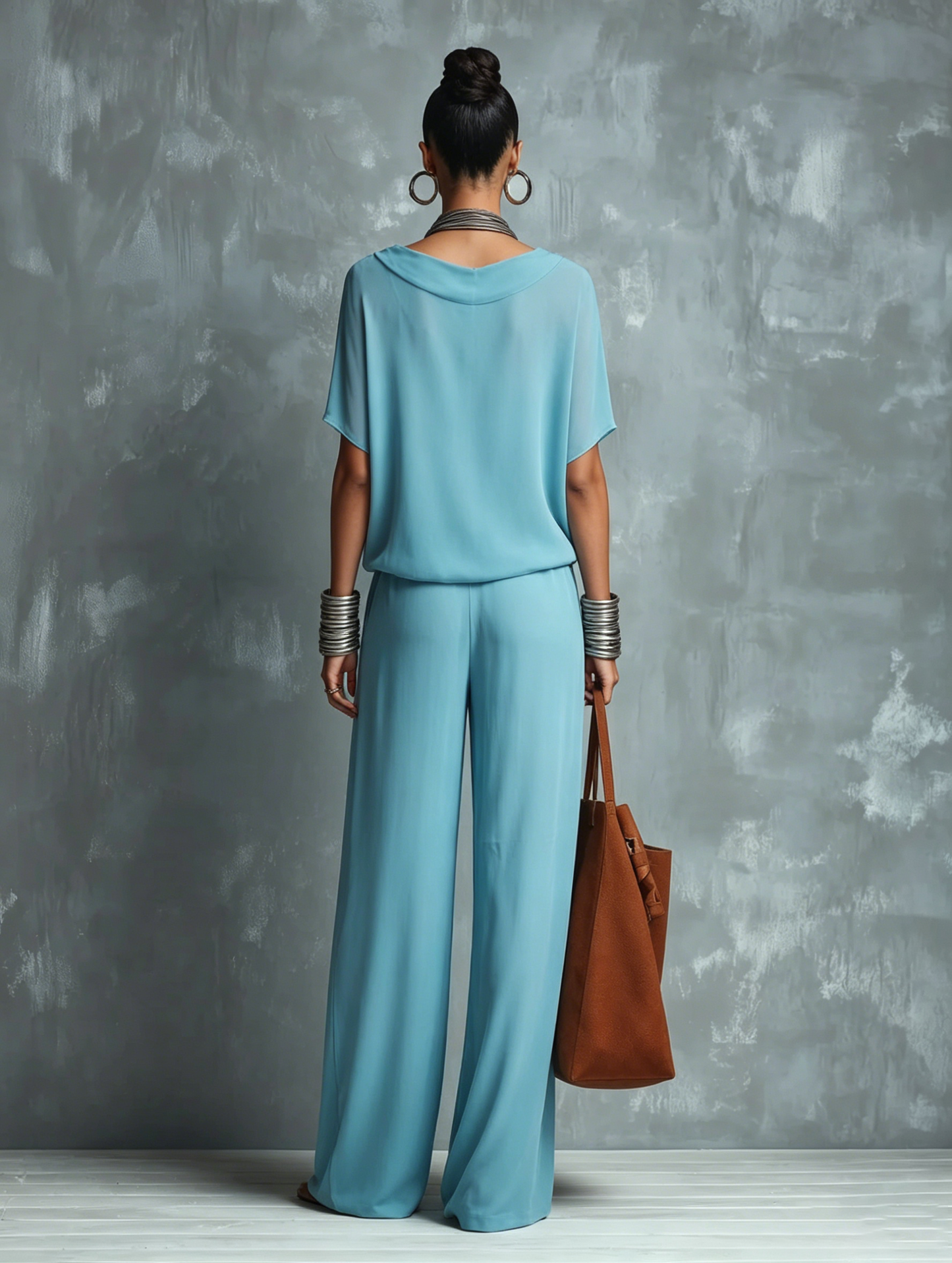 Constance - Ensemble Top à Col Cagoule en Chiffon Bleu et Pantalons à Jambes Amples