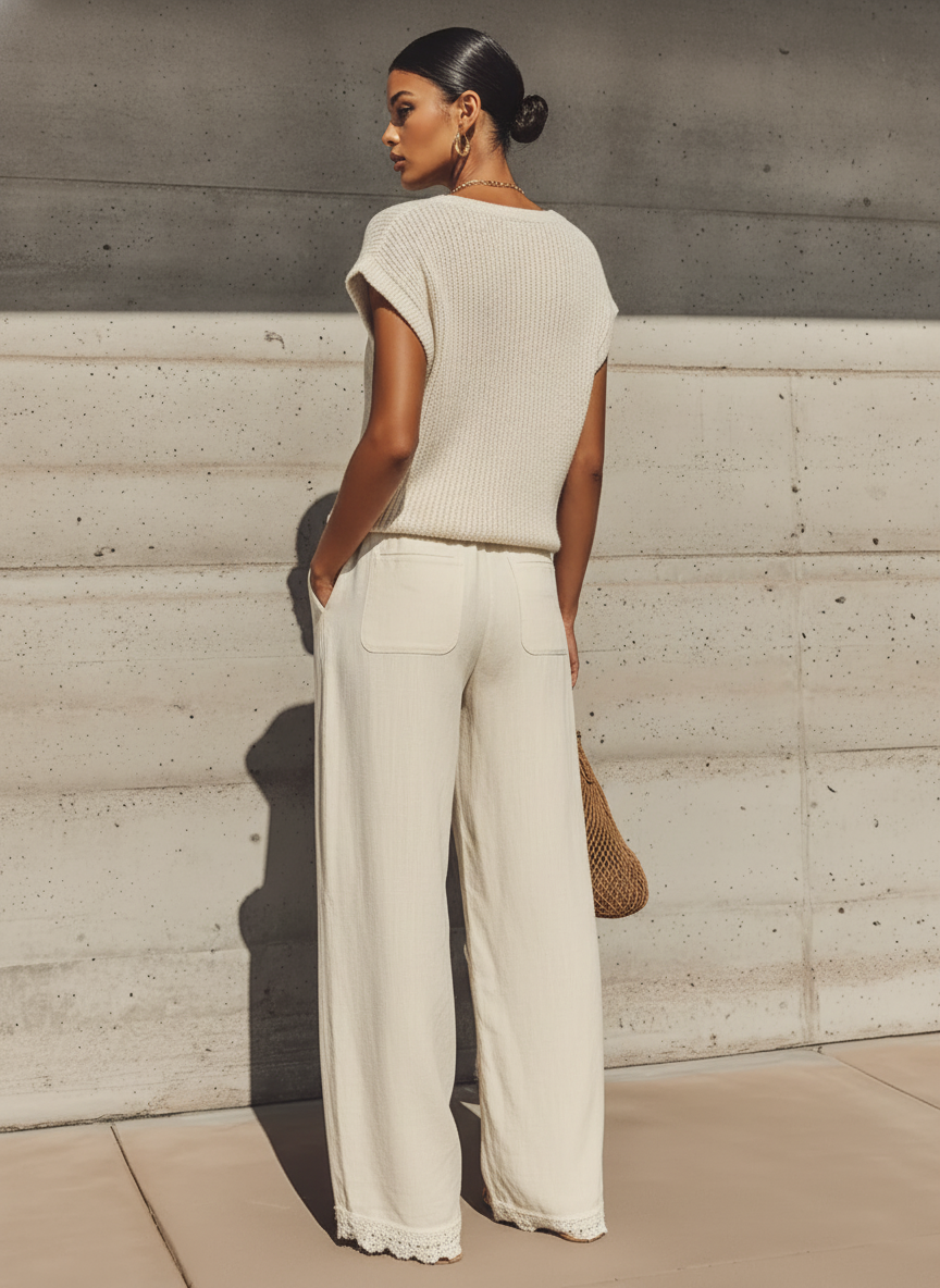 Sixtine - Ensemble Deux Pièces Top Tricot Beige à Col V à Manches Courtes & Pantalon Large en Lin à Taille Élastique et Ourlet en Dentelle