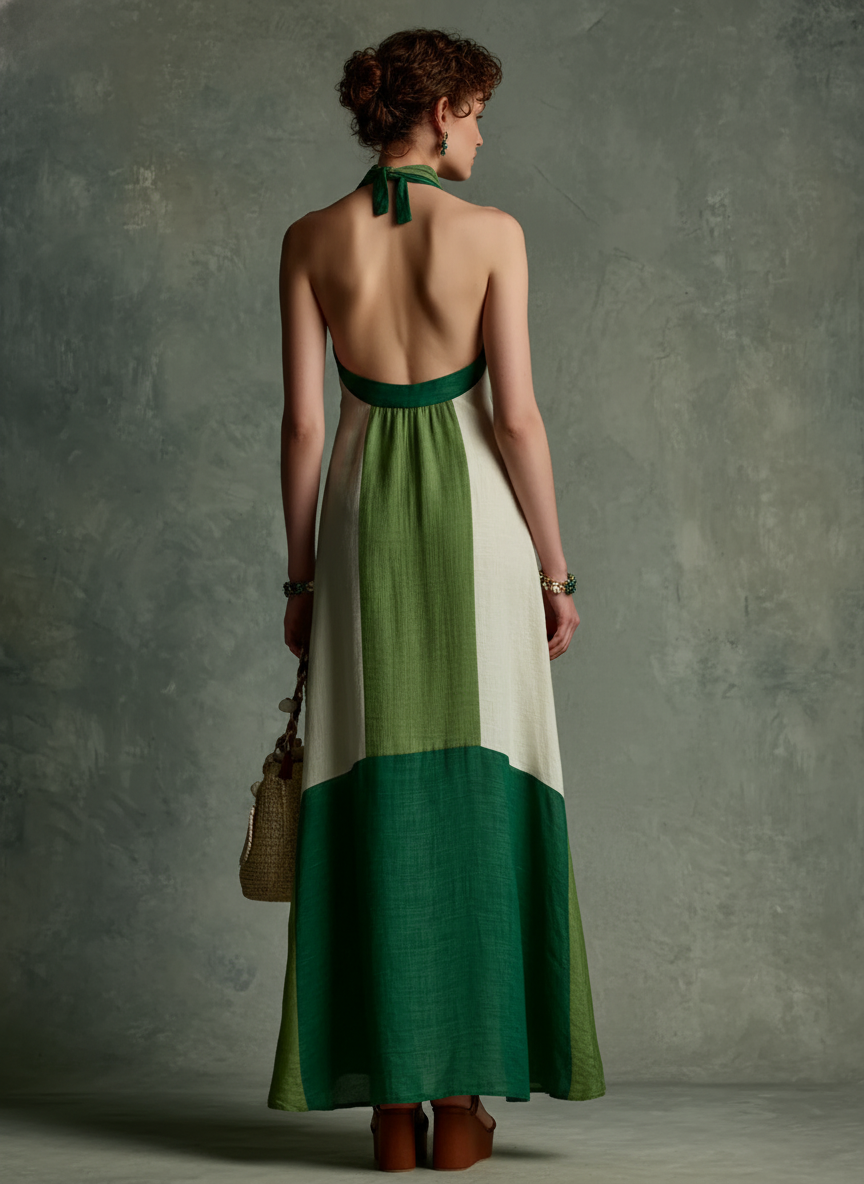 Thalia - Robe Maxi Vert et Blanc en Lin-Coton à Encolure Halter en V