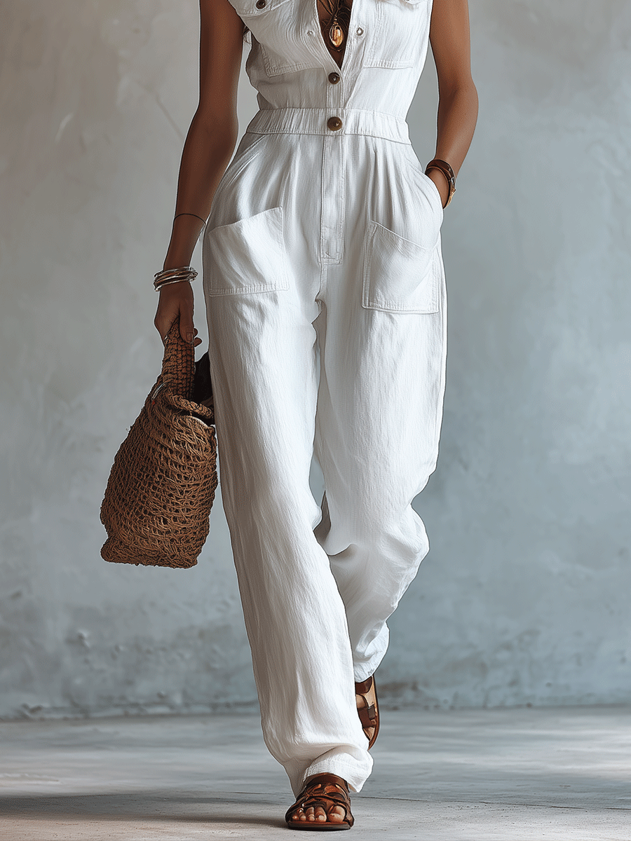 Combinaison sans manches en faux coton-lin blanc