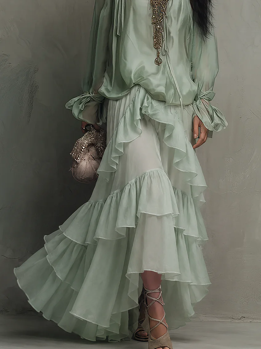 Philippa | Ensemble Deux Pièces Haut en Chiffon à Volants et Jupe Superposée, Vert Menthe