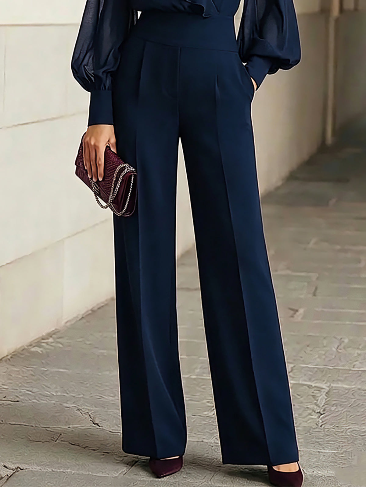 Ninon - Ensemble deux pièces bleu marine : top à volants en mousseline et pantalon large