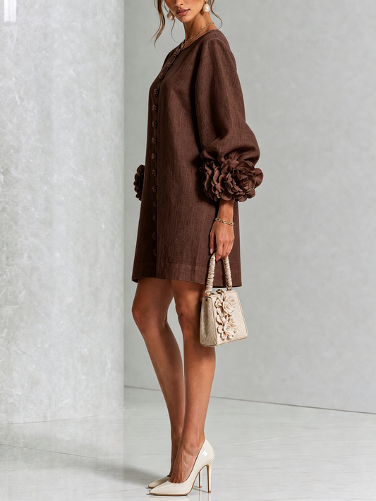 Cosette - Robe courte boutonnée à imprimé floral chocolat et manches fleuries spectaculaires