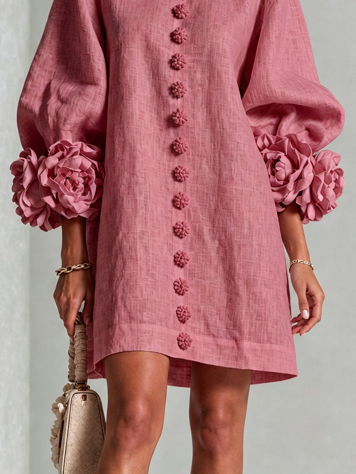 Adeline - Robe courte boutonnée à imprimé floral vintage et manches fleuries spectaculaires