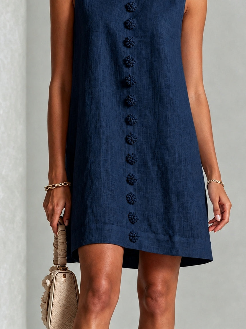 Clotilde - Robe courte sans manches à imprimé floral bleu marine et boutons fleuris