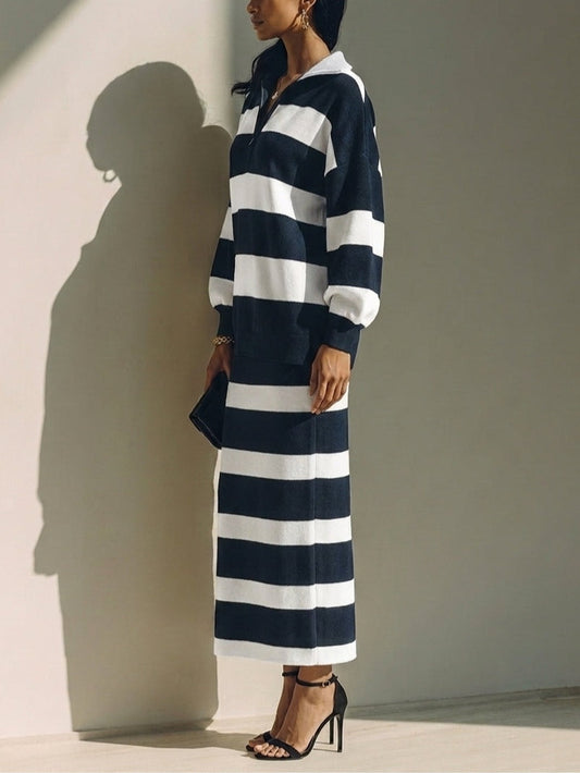 Léonide | Ensemble Deux Pièces Haut Polo Rayé à Demi-Zip et Jupe Midi, Marine
