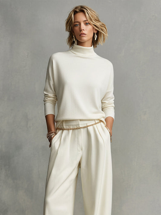 Romane - Ensemble Top Turtleneck Chic Tricot Doux Crème & Pantalon Large Flottant