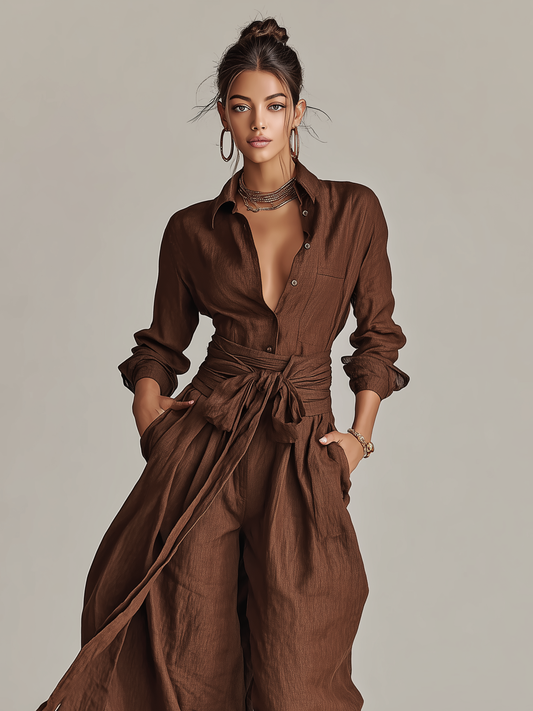 Soléane - Combinaison élégante en coton-lin tissée marron à manches longues et col chemise avec ceinture