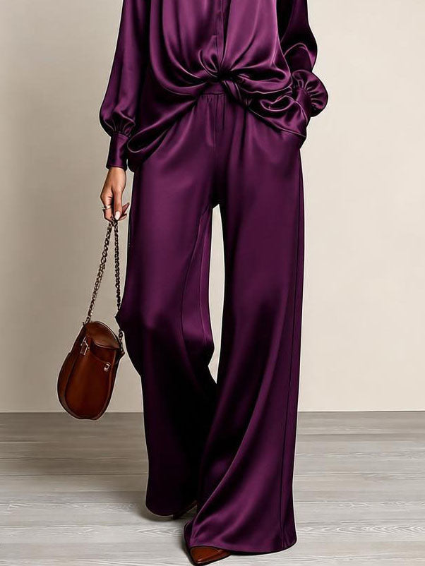 Marie | Ensemble Deux Pièces Chemise Satinée à Col Montant et Pantalon Large, Violet