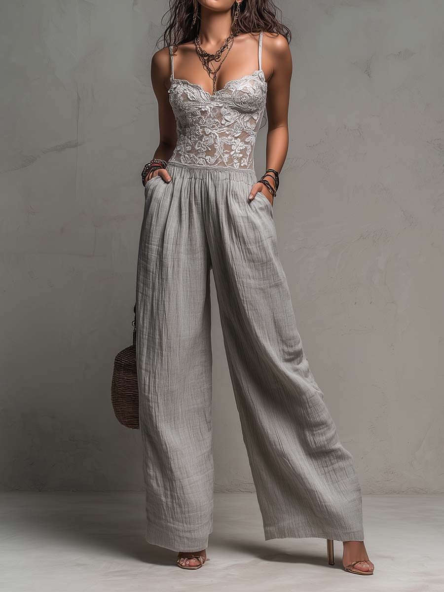 Jumpsuit large à plis en dentelle grise bohème