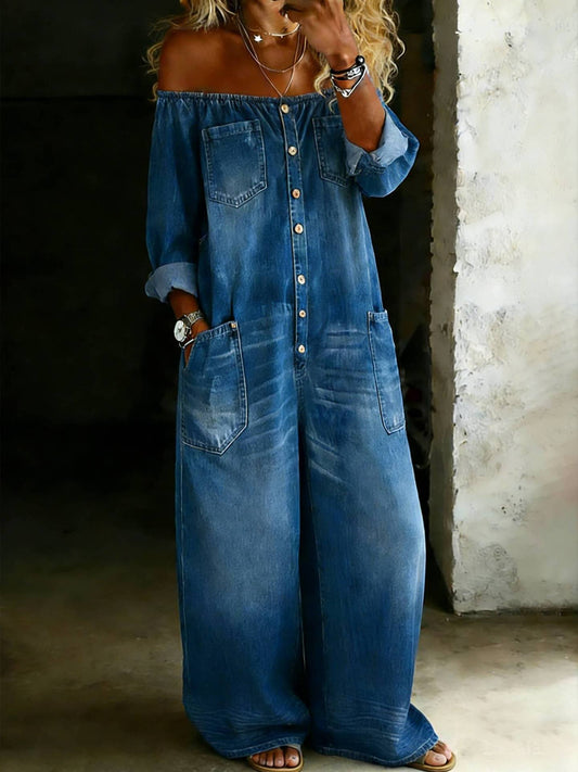 Yvonne | Combinaison en denim lavé à épaule dénudée et à un bouton à la mode