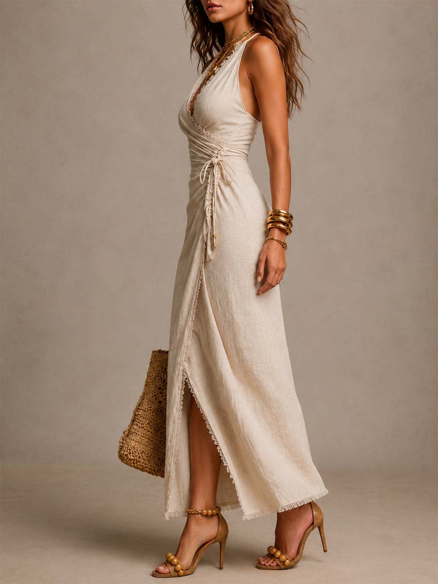 Clémentine | Robe Maxi Portefeuille en Mélange de Lin avec Dentelle, Beige