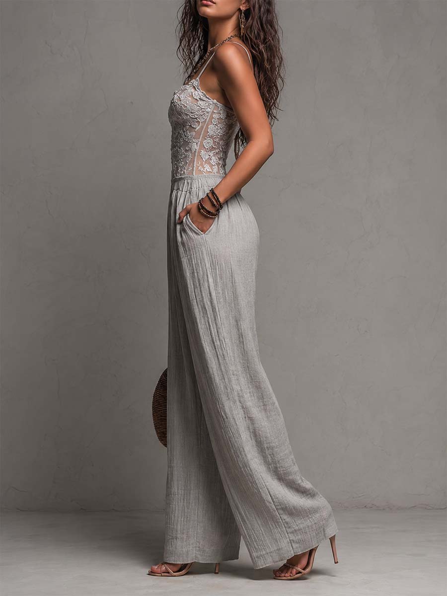 Jumpsuit large à plis en dentelle grise bohème