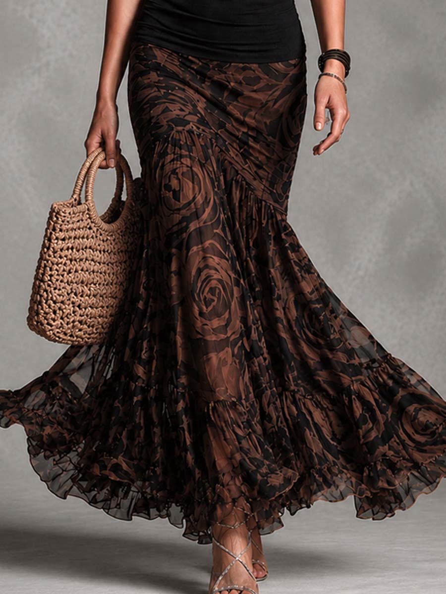 Albane | Ensemble Deux Pièces Top Halter Noir et Jupe Maxi en Mesh Rose