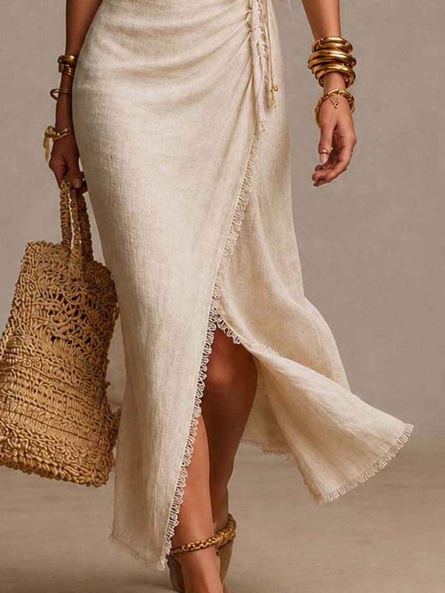 Clémentine | Robe Maxi Portefeuille en Mélange de Lin avec Dentelle, Beige