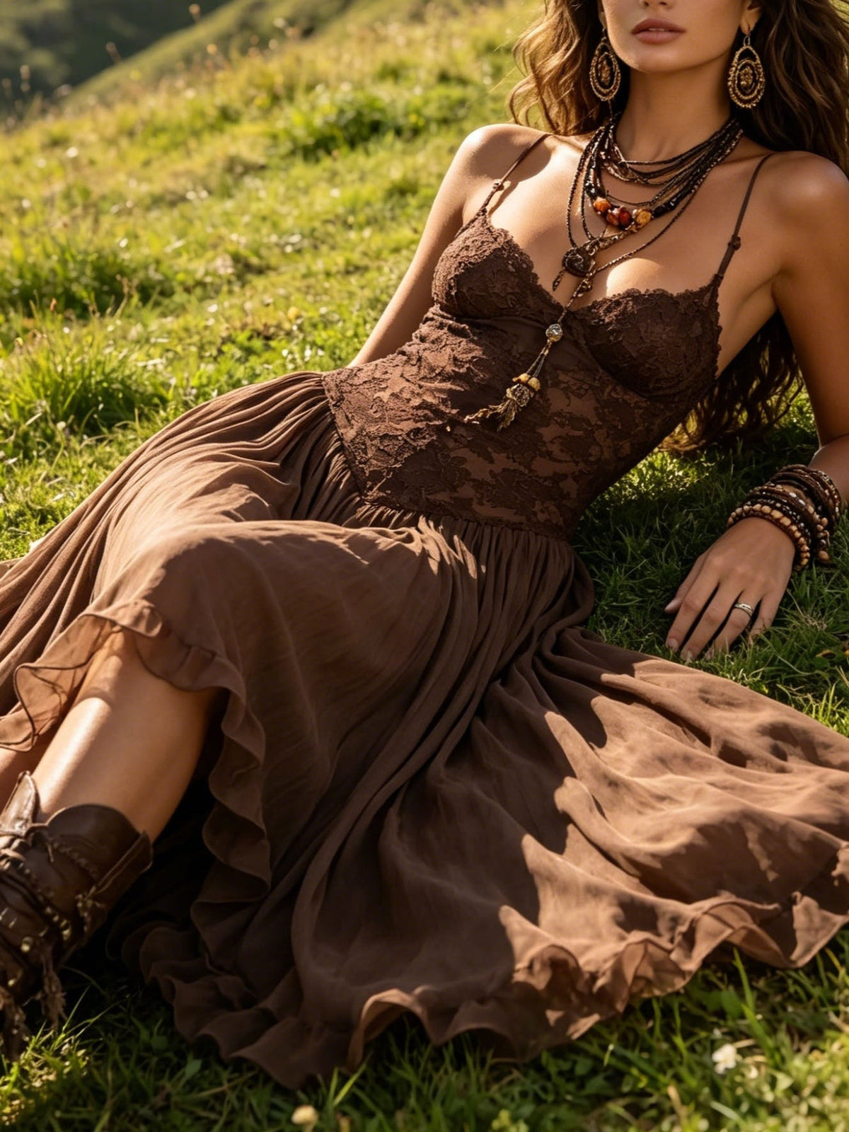 Maïté | Robe Maxi en Chiffon et Dentelle Marron