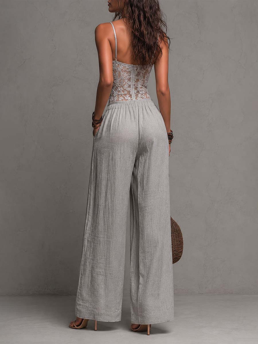 Jumpsuit large à plis en dentelle grise bohème