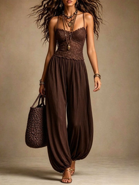 Paulette | Combinaison Harem en Dentelle Noire et Chiffon à Bretelles Spaghetti
