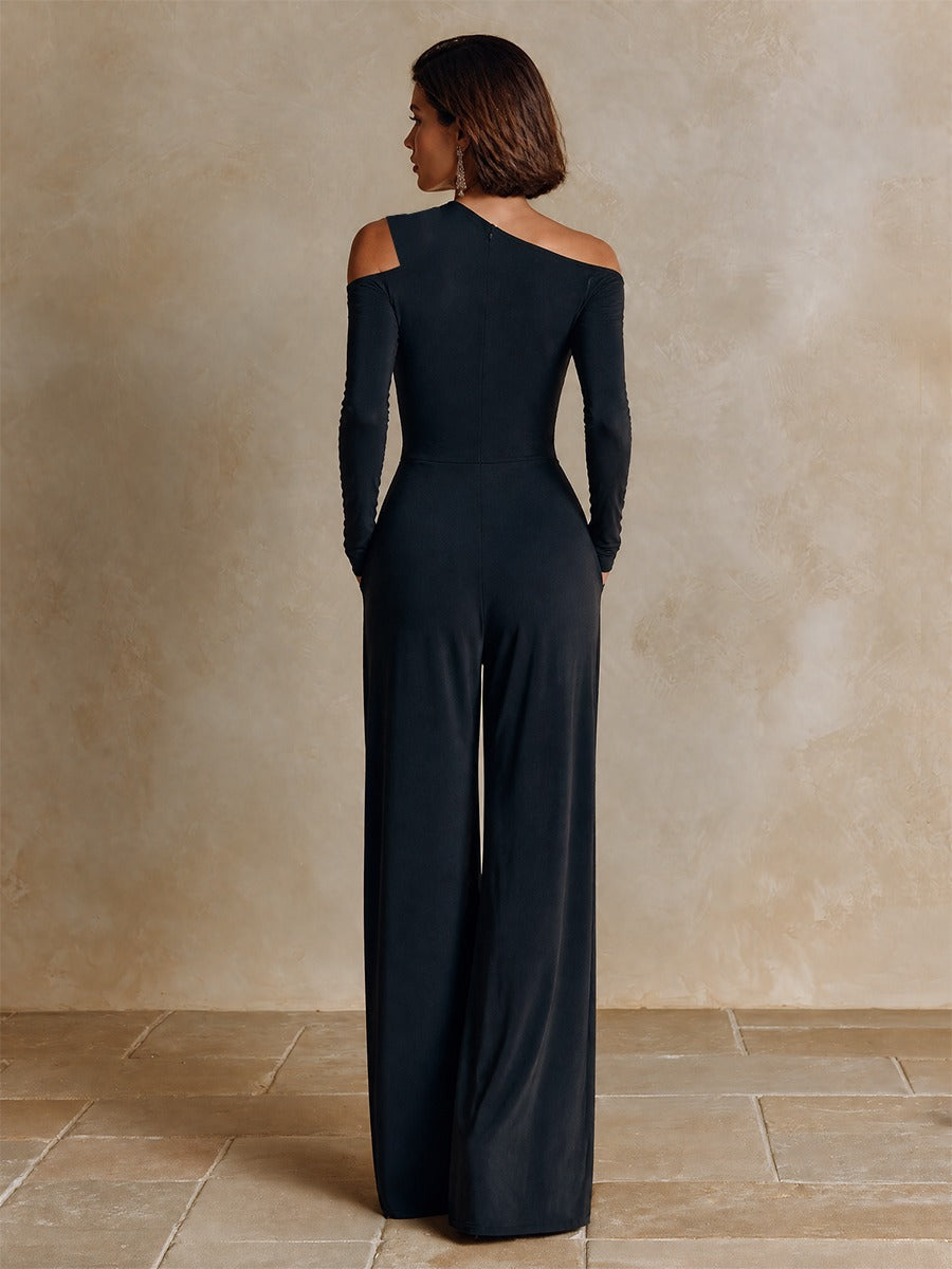 Théodora | Combinaison à une Épaule et Jambes Larges pour Soirée, Noir