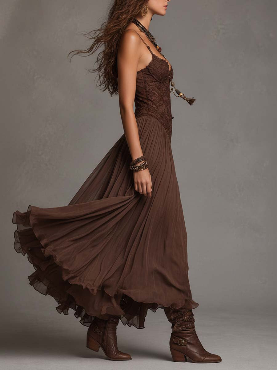 Maïté | Robe Maxi en Chiffon et Dentelle Marron