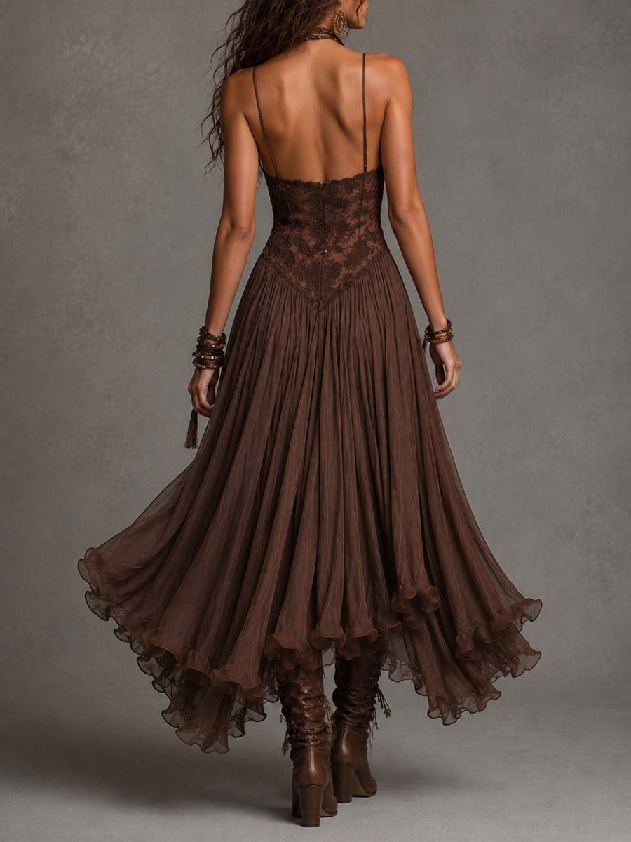 Maïté | Robe Maxi en Chiffon et Dentelle Marron