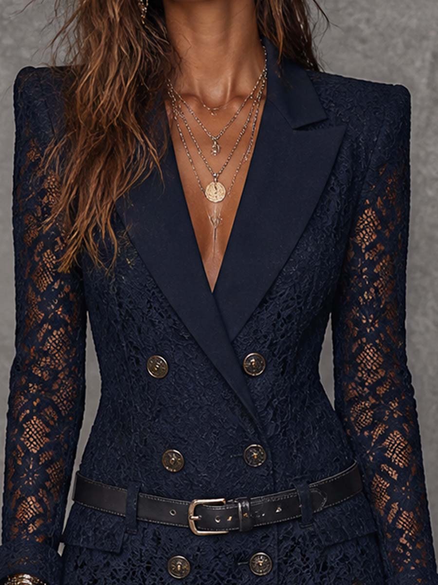 Blanche | Robe Mini Blazer en Dentelle à Boutonnage Croisé et Col Cranté, Marine (avec Ceinture)
