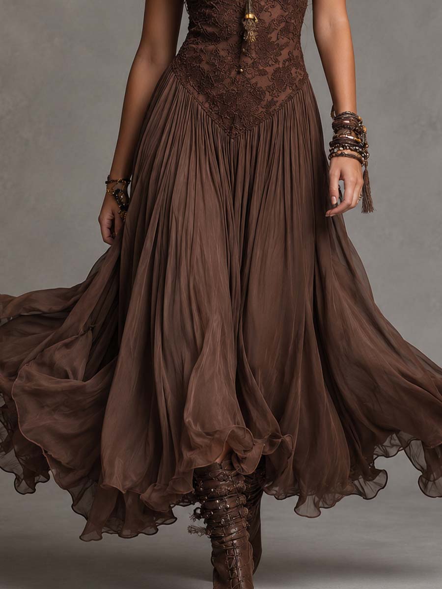 Maïté | Robe Maxi en Chiffon et Dentelle Marron