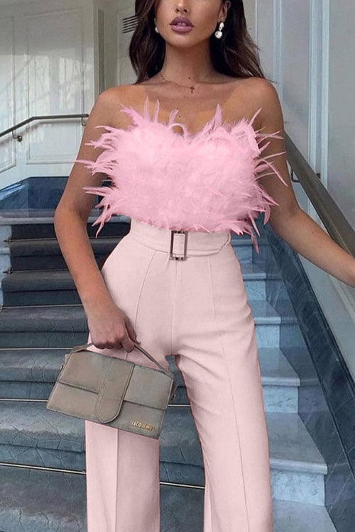 Combinaison Slim Sans Manches Sexy Épaules Nues en Plumes