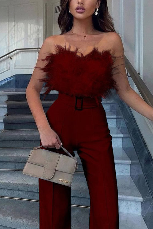 Combinaison Slim Sans Manches Sexy Épaules Nues en Plumes