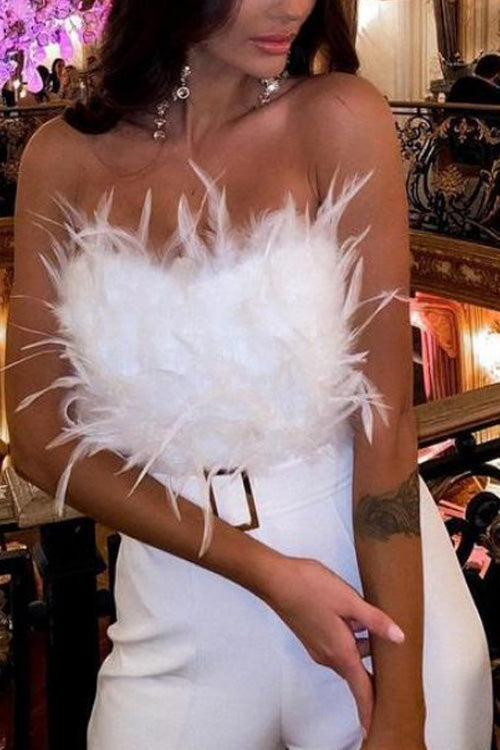 Combinaison Slim Sans Manches Sexy Épaules Nues en Plumes