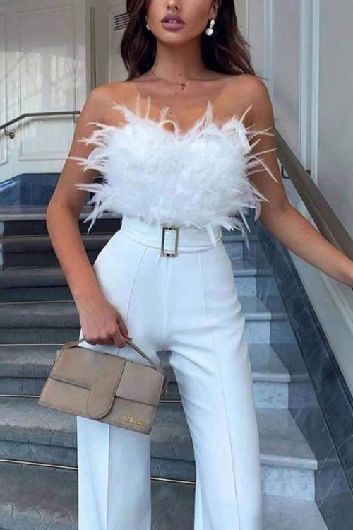 Combinaison Slim Sans Manches Sexy Épaules Nues en Plumes