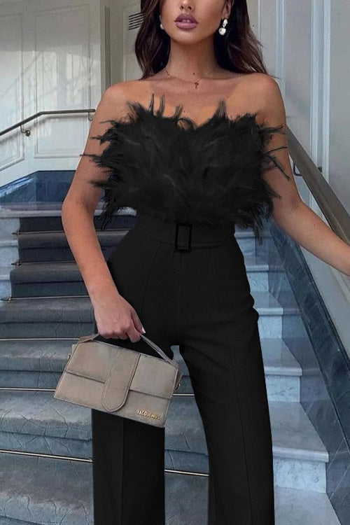 Combinaison Slim Sans Manches Sexy Épaules Nues en Plumes