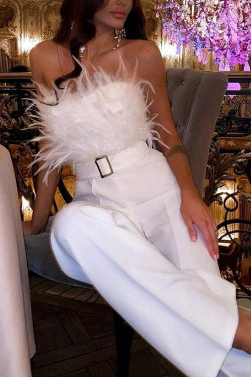 Combinaison Slim Sans Manches Sexy Épaules Nues en Plumes
