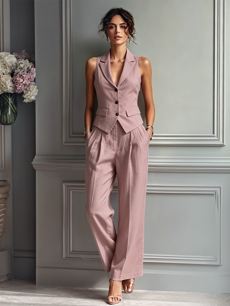 Lilou - Ensemble composé d'une veste sans manches en lin et d'un pantalon large