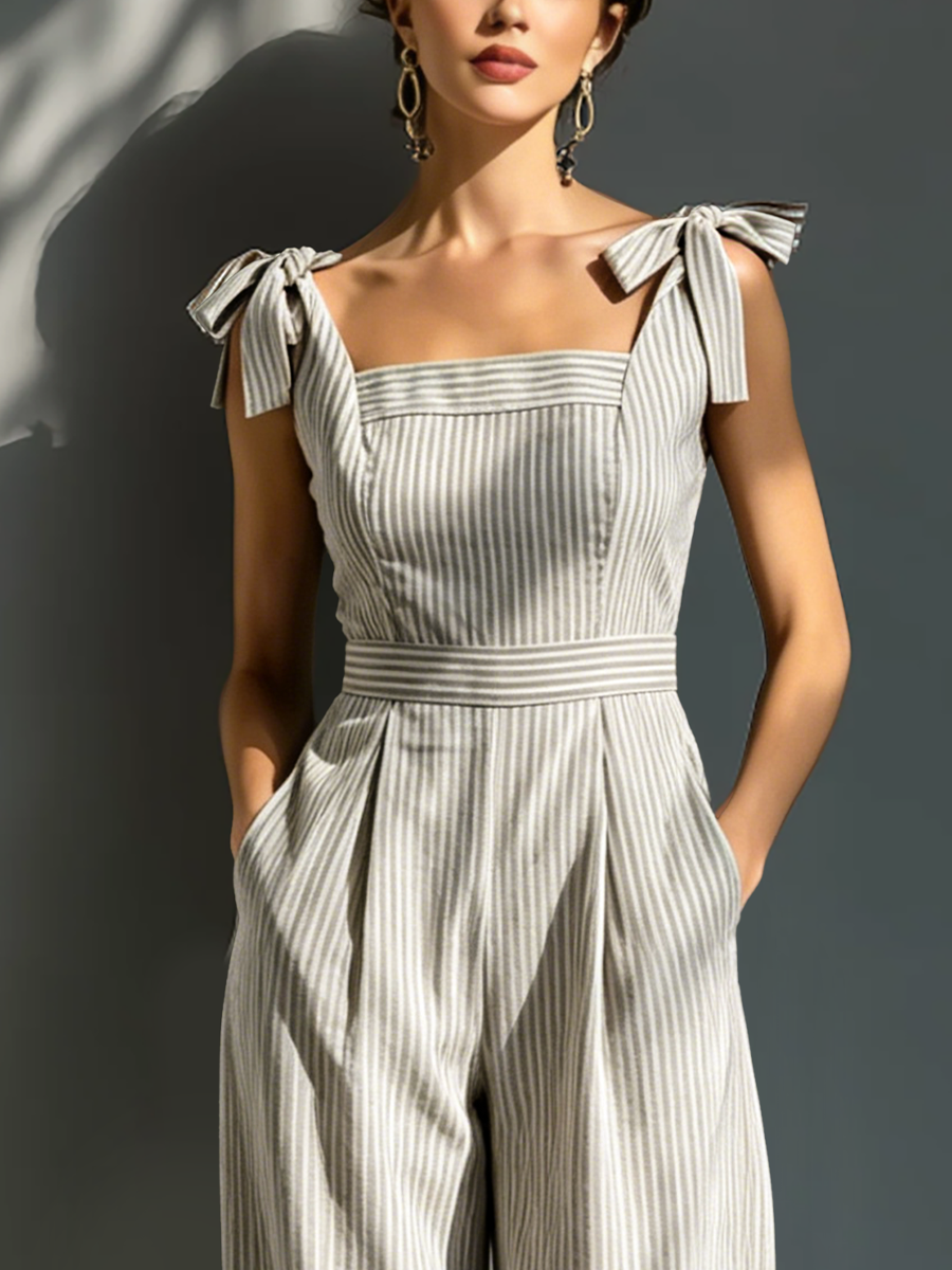 Céleste - Combinaison en Lin Mélangé Rayée Beige et Blanche